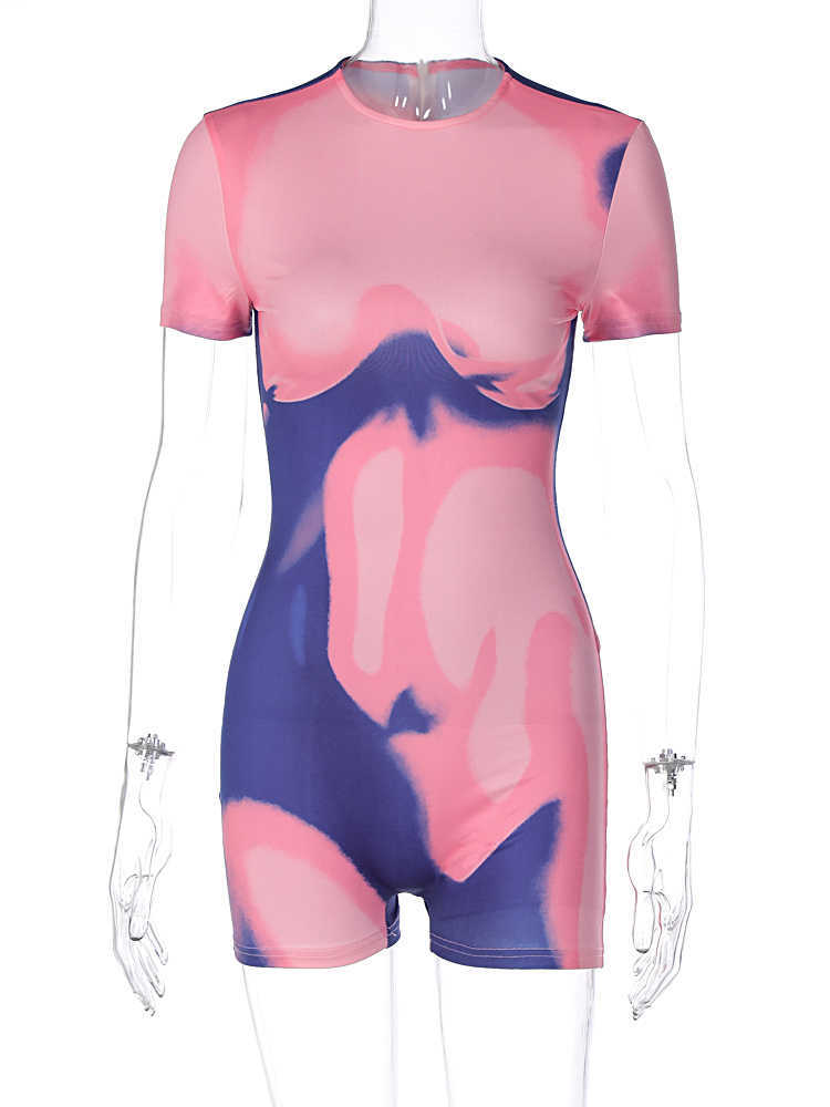 RUKAS Color Block Tie Dye O Neck Short Sleeve Zip Up Sexy Bodycon Playsuit 2023 Summer Fashion Streetwear Party Club Romper
