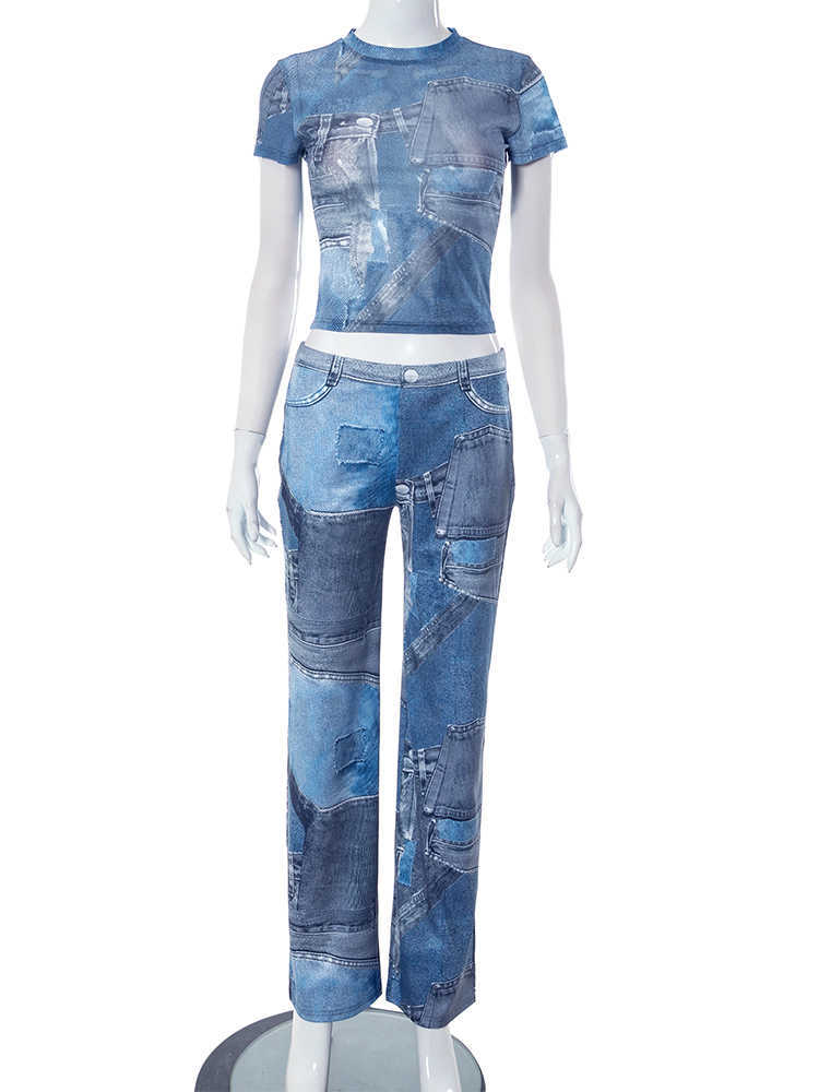 RUKAS Vintage Print Mesh Short Sleeve Sexy See Through Crop Top Jeans 2 Pcs Sets Summer Fashion Streetwear Nightclub Outfit