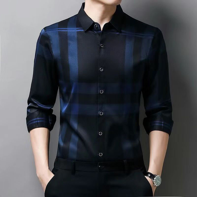 Men's Casual Shirts Fashion Men Plaid Smooth Shirt Spring Summer Long Sleeve Thin Korean Male Clothes Basic Streetwear Business Casual Loose Tops