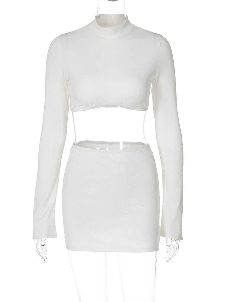 RUKAS Women Fashion 2 Pcs Matching Sets Solid Long Sleeve Sexy Crop Top Mini Skirts Spring Streetwear Birthday Casual Outfit