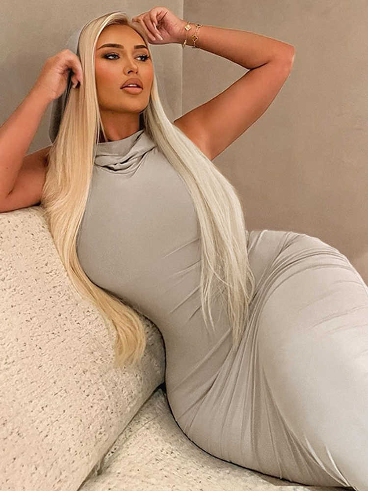 RUKAS Solid Hoodies Sleeveless Slit Sexy Slim Maxi Dress 2023 Summer Women Fashion Y2K Clothes Streetwear Party Casual Biker