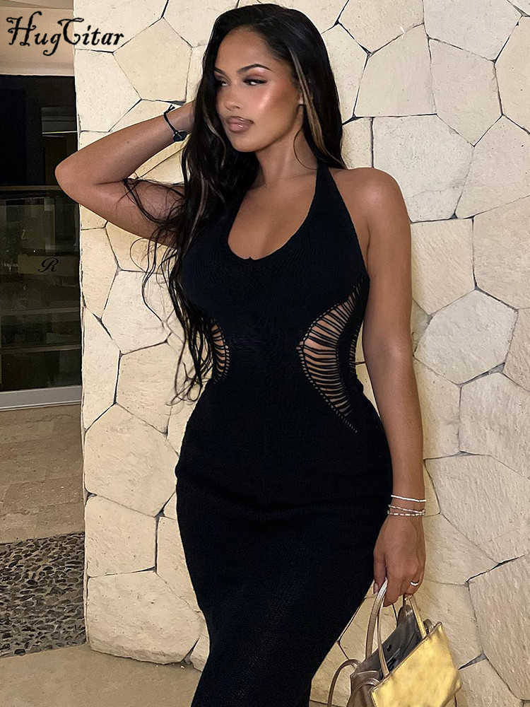 Knitted Halter Sleeveless Backless Solid Cut Out Bandage Sexy Slim Maxi Dress Summer Elegant Y2K Outfit Vacation Party