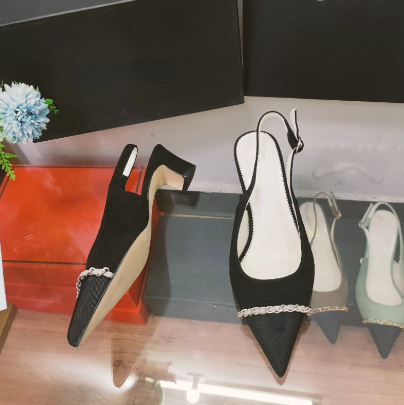 Fashion Brand Sandals Leather Chain Pointed Toes High Heels Slingbacks Pumps