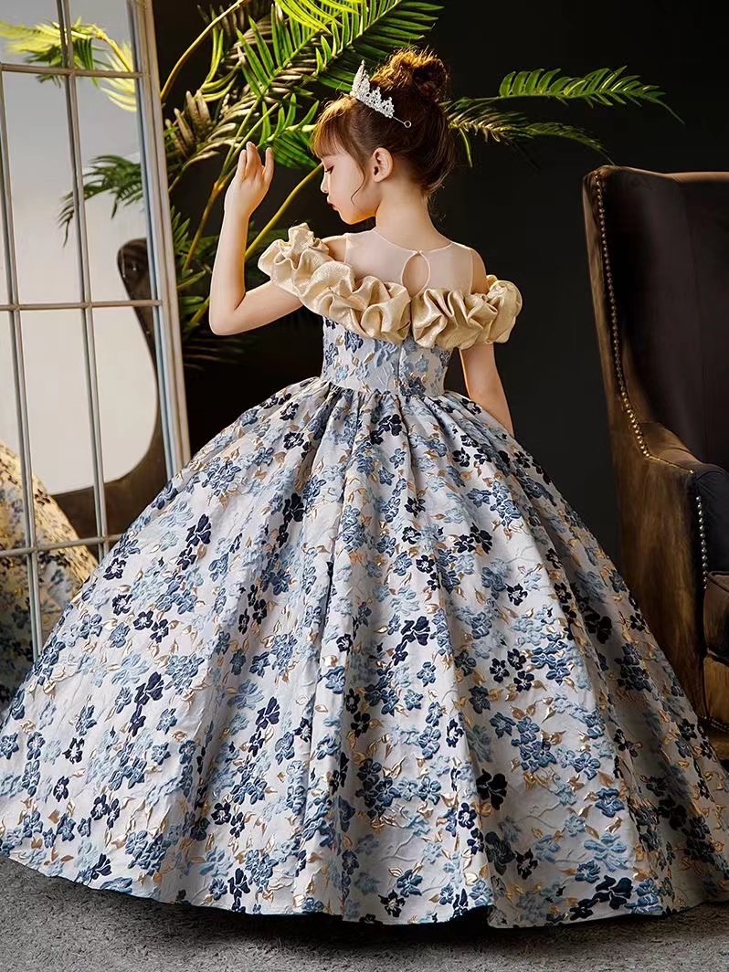 blue Lace Ivory Flower Girl Dresses Appliques Baby Girls Party Dress Cap Sleeves Puffy Princess Dress Bow Baby Toddler Girls Adorable Kids First Commu