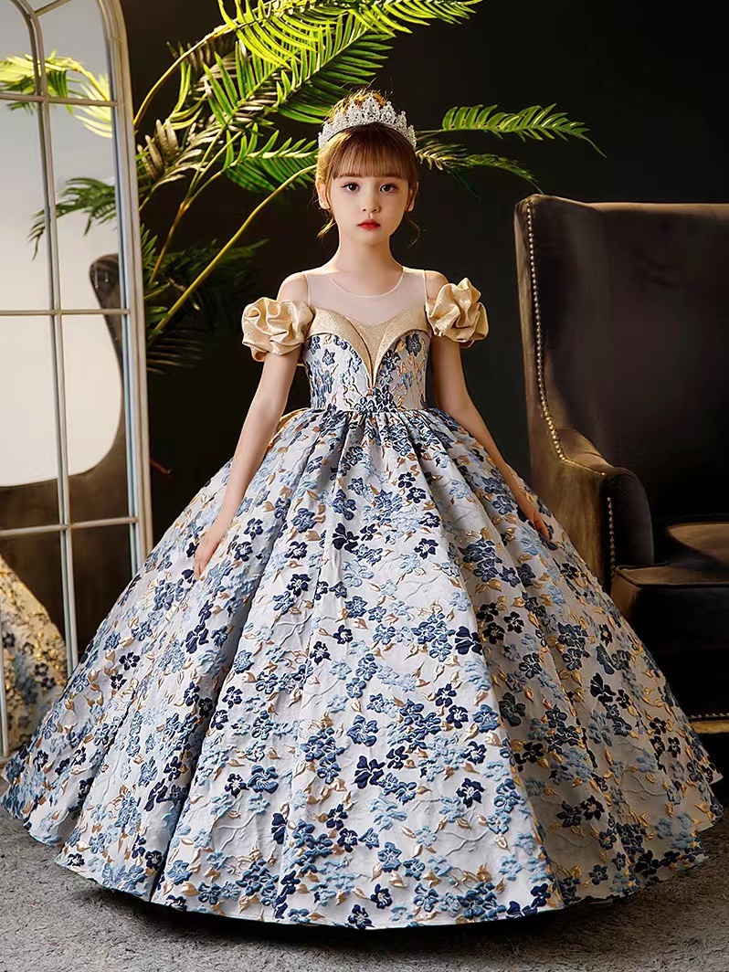 blue Lace Ivory Flower Girl Dresses Appliques Baby Girls Party Dress Cap Sleeves Puffy Princess Dress Bow Baby Toddler Girls Adorable Kids First Commu