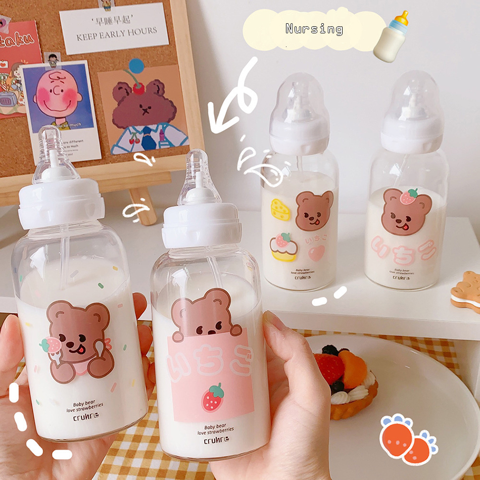 Baby Bottles# Creative Adult Nursing Bottle Cute Transparent Glass Water Bottles for Girls With Straw Portable Kids Student Drinking Bottles 230516