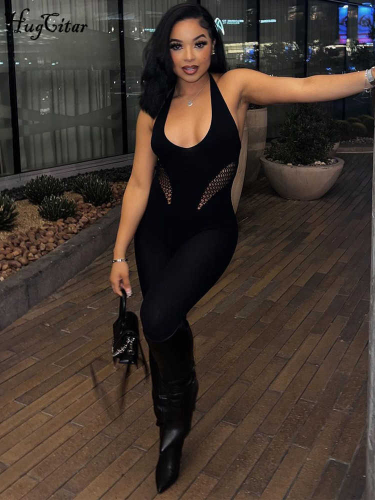 RUKAS Halter Sleeveless Backless Black Lace Up Cut Out Sexy Bodycon One Piece Jumpsuit Summer Party Sport Romper Overalls