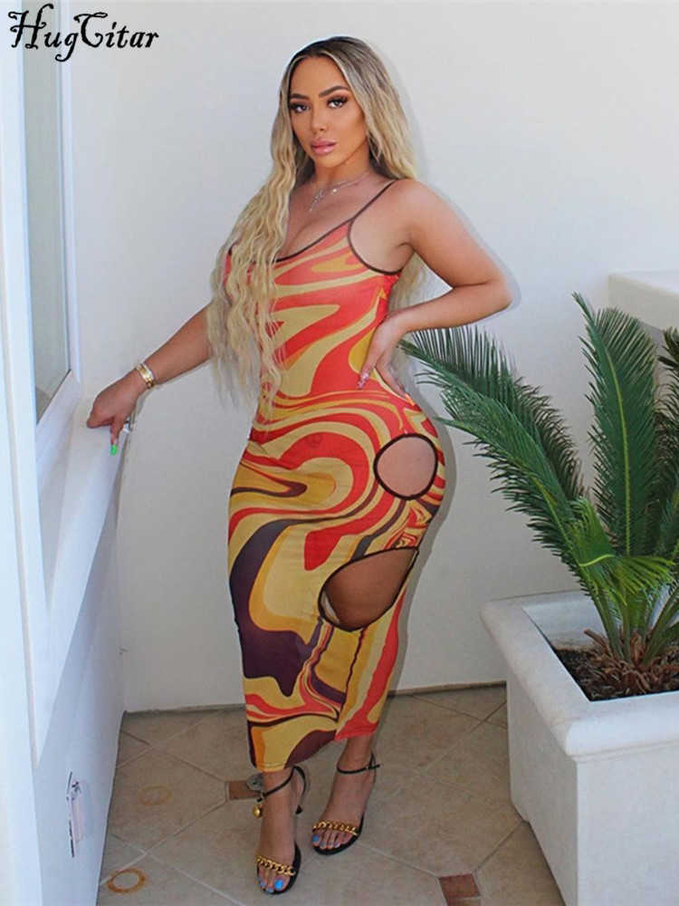 RUKAS Mesh Colorful Print Sleeveless Slip Hollow Out See Through Sexy Midi Dress Summer Slim Fashion Beach Holiday Outfit