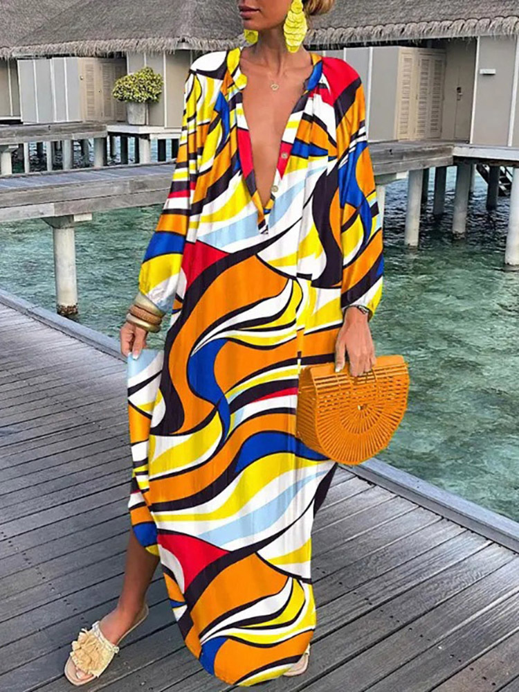 Women's Swimwear Vintage Swimsuit Cover Up Women Beach Dress Kaftan Sexy Deep V-Neck Bikini Cover-Ups Dresses Summer Woman Clothes Robe 2306