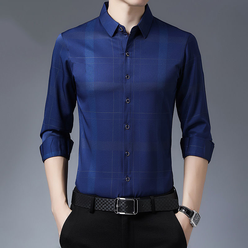 Men's Casual Shirts Fashion Men Plaid Smooth Shirt Spring Summer Long Sleeve Thin Korean Male Clothes Basic Streetwear Business Casual Loose Tops