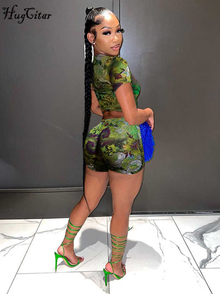 RUKAS Colorful Tie Dye Mesh O Neck Short Sleeve Sexy Crop T-Shirt Shorts 2 Pcs Sets Summer Fashion Streetwear Sport Tracksuit