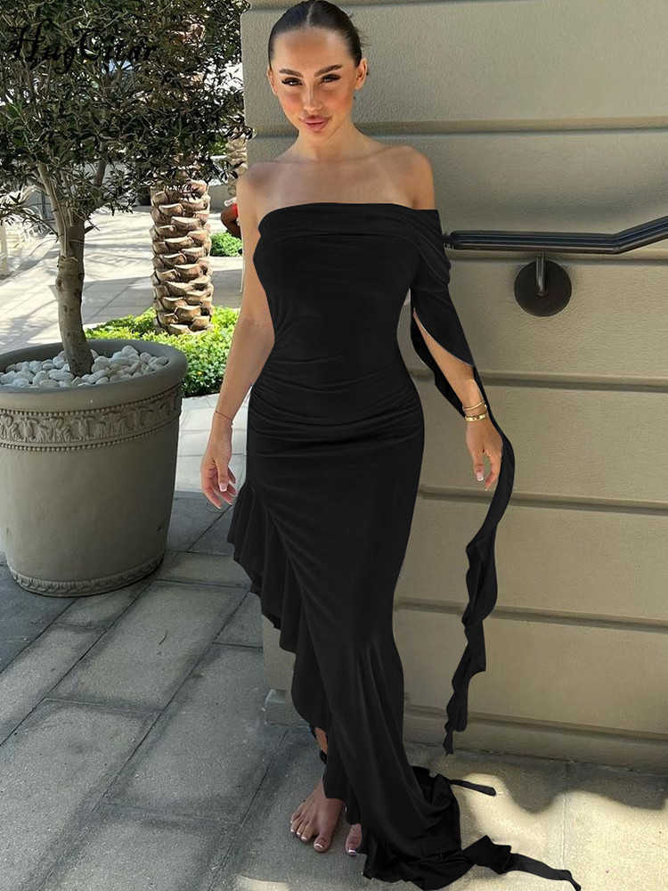 RUKAS Strapless One Shoulder Solid Ruffles Irregular Sexy Bodycon Maxi Dress 2023 Summer Women Elegant Party Festival Outfit