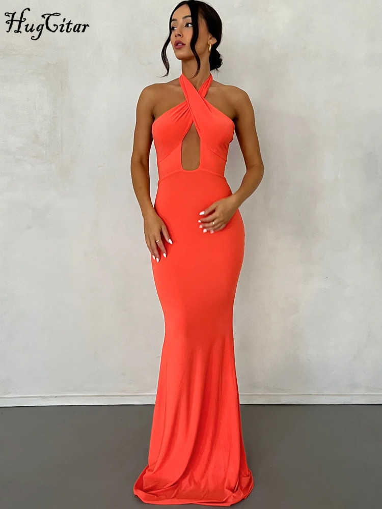 RUKAS Women Elegant Halter Sleeveless Solid Hollow Out Sexy Bodycon Maxi Prom Dress 2023 Summer Y2K Clothes Wedding Party