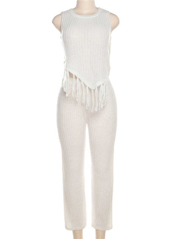 Knitted Solid Tassel Irregular See Through Sexy Crop Tank Top Pants 2 Pcs Sets Summer Women Y2K Streetwear Festival