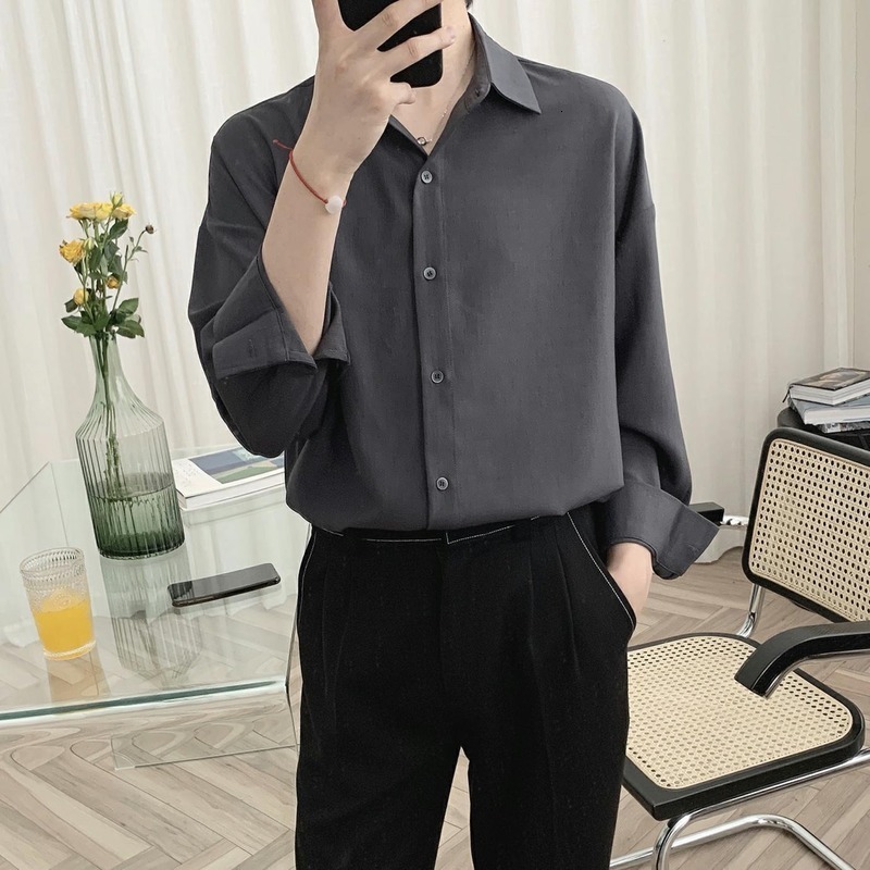 Men's Casual Shirts Korean Fashion Spring All-match Men Shirt Quality Chiffon Button Up Long Sleeve Casual Solid Color Loose Men Dress Shirt 2305