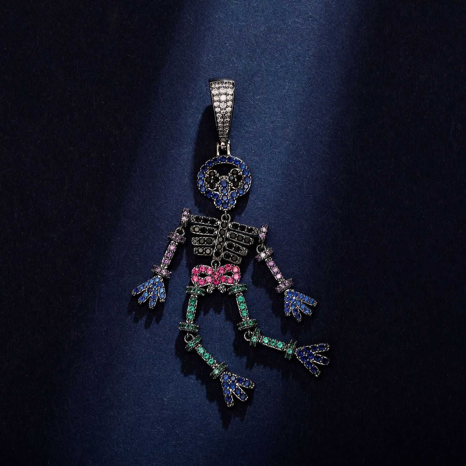 Creative Exaggerated Skeleton Pendant Necklace Colorful bling cubic zirconia Hip Hop Human skull Splicing Modeling Jewelry Rock Gemstone Collier Hallo