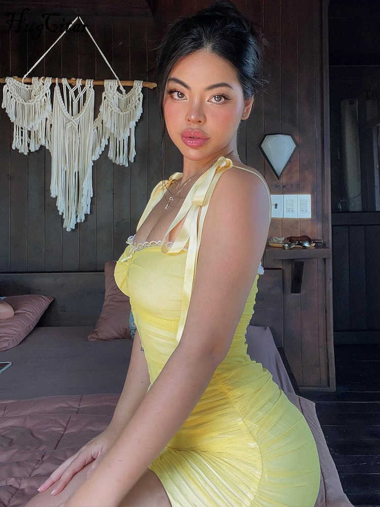 RUKAS Solid Sleeveless Slips Patchwork Lace Bow Ruched Sexy Elegant Slim Mini Prom Dress 2023 Summer Birthday Party Clothes