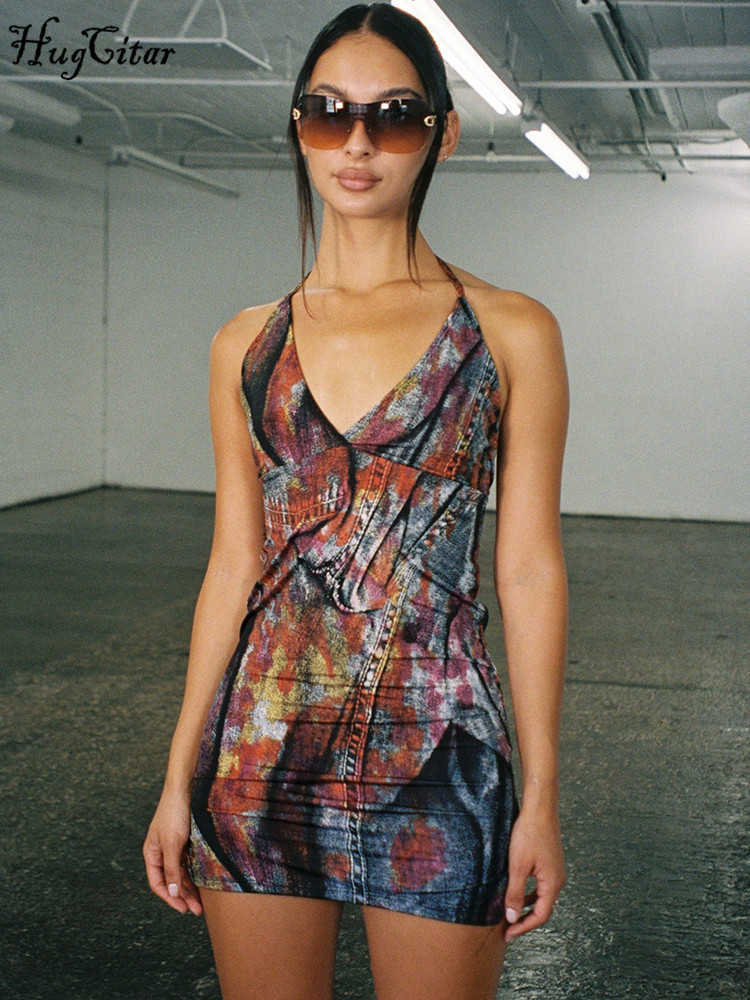 RUKAS Tie Dye Halter Backless Lace Up Slit Vintage Sexy Bodycon Mini Dress Summer Women Fashion Outfit Vacation Party Club