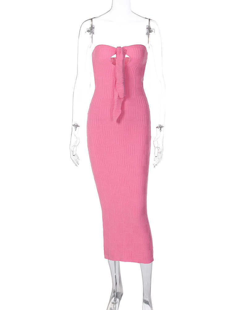 RUKAS Knitted Strapless Solid Hollow Out Bandage Elegant Sexy Slim Midi Prom Dress 2023 Summer Women Clothes Party Festival