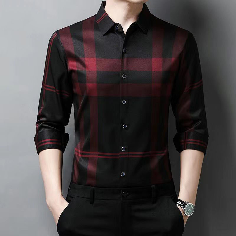 Men's Casual Shirts Fashion Men Plaid Smooth Shirt Spring Summer Long Sleeve Thin Korean Male Clothes Basic Streetwear Business Casual Loose Tops