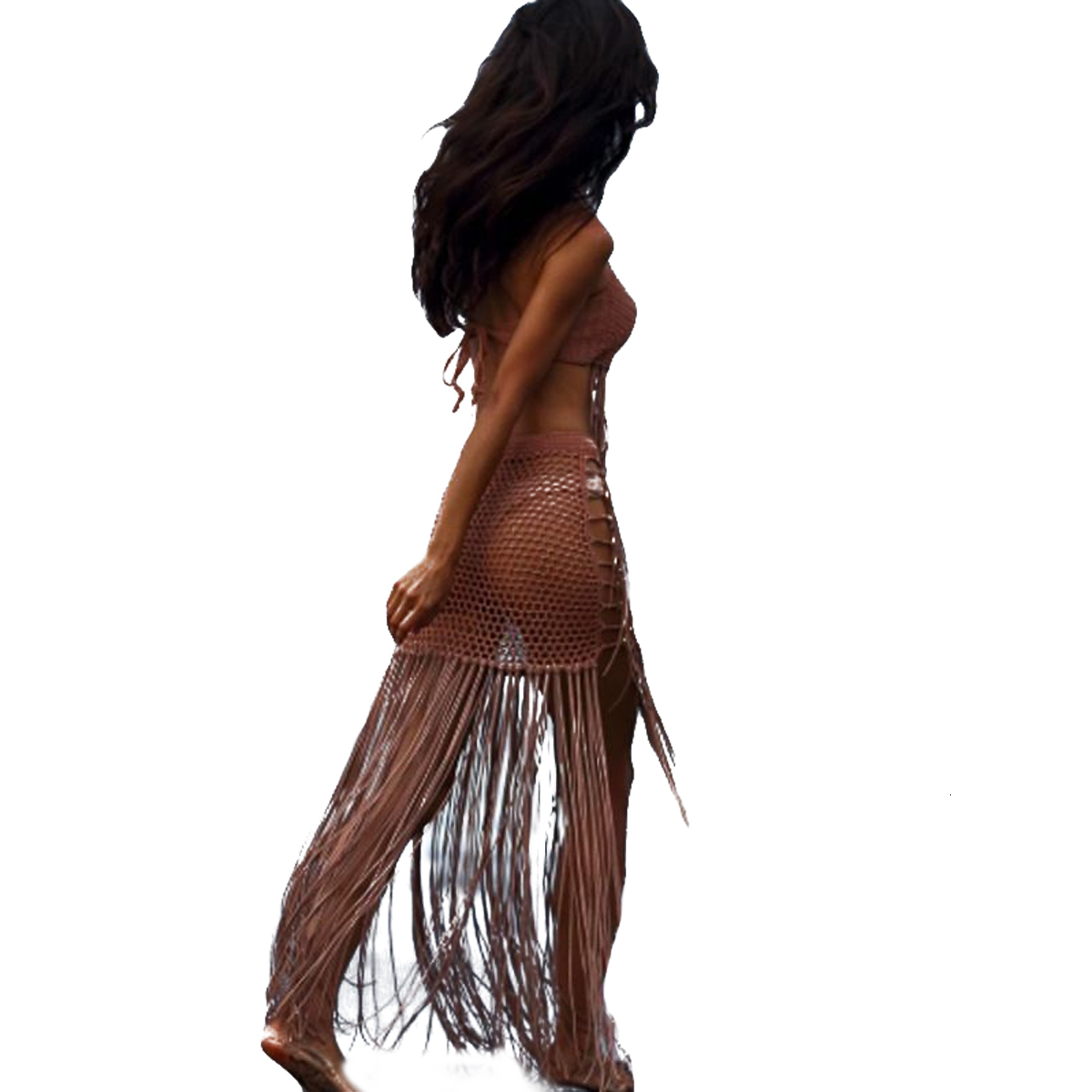 Skirts Womens Swimwear CoverUp Skirt Solid Color Long Tassel Fishnet Bikini Smock Summer Beach Bottoms 230516