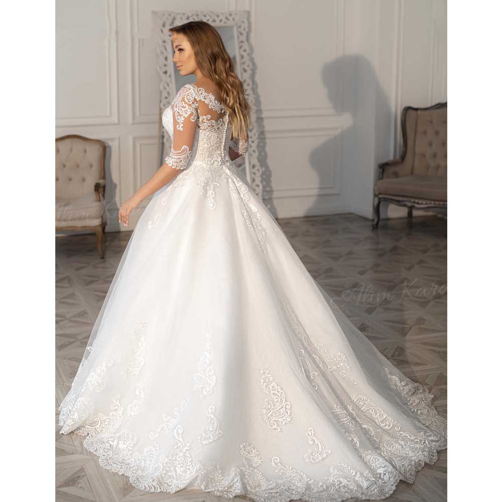 Shiny Wedding Dress half sleeve 2023 lace Appliques A-Line Court Train Bridal Gown Princes NPS32 Plus Size Vestido De Novia