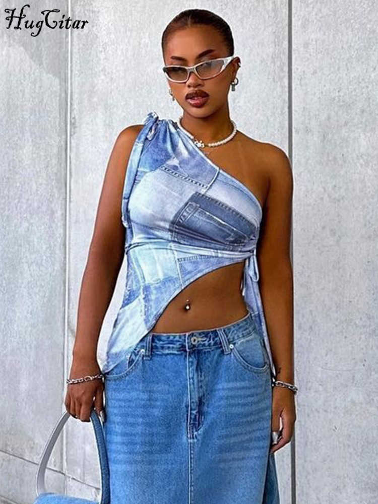 RUKAS One Shoulder Faux Denim Print Shirring Bandage Sexy Crop Tank Top Summer Fashion Y2K Streetwear Festival Clothes
