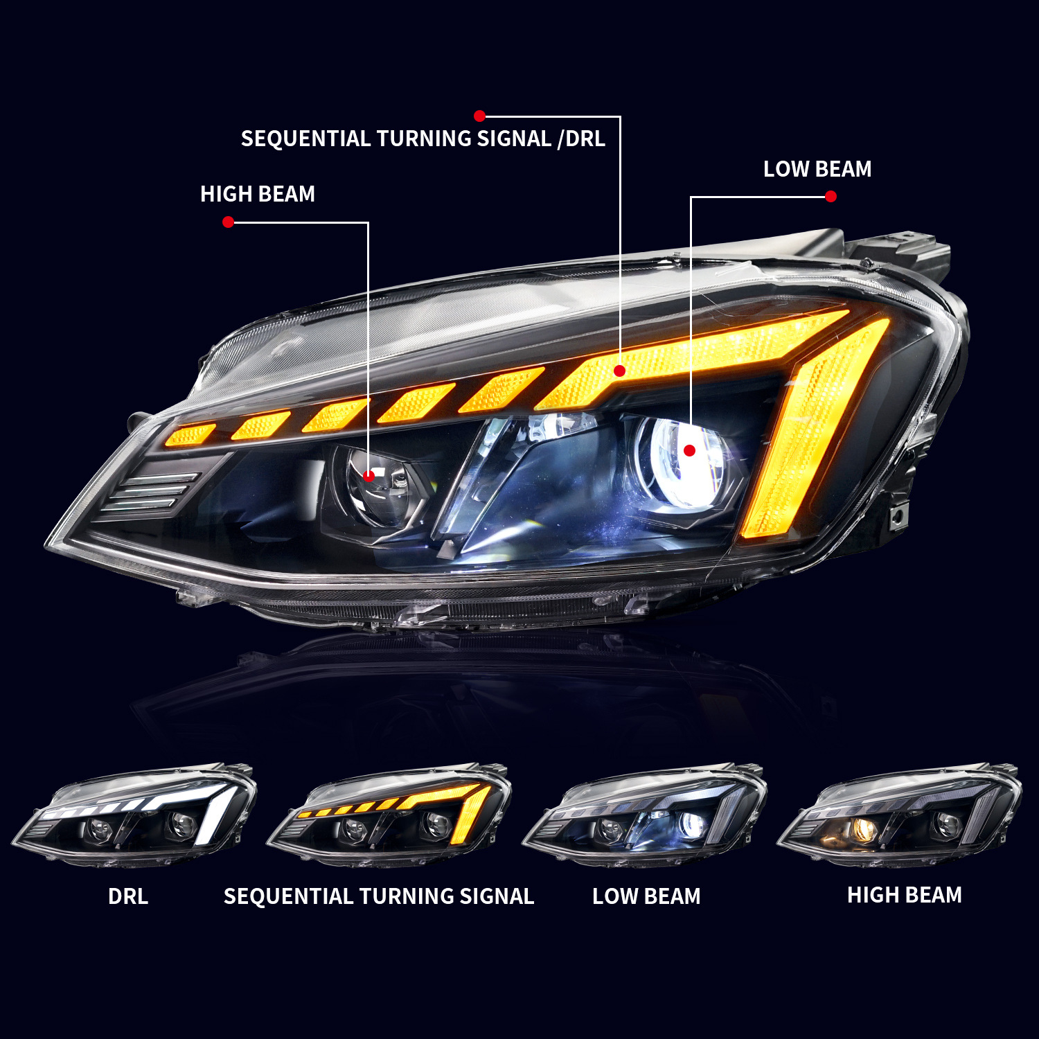 LED Headlights Assembly for V-W Golf 7 20 14-20 17 Sequential Turn Signal Lights High Low Beam Running Lights Driving Headlamp