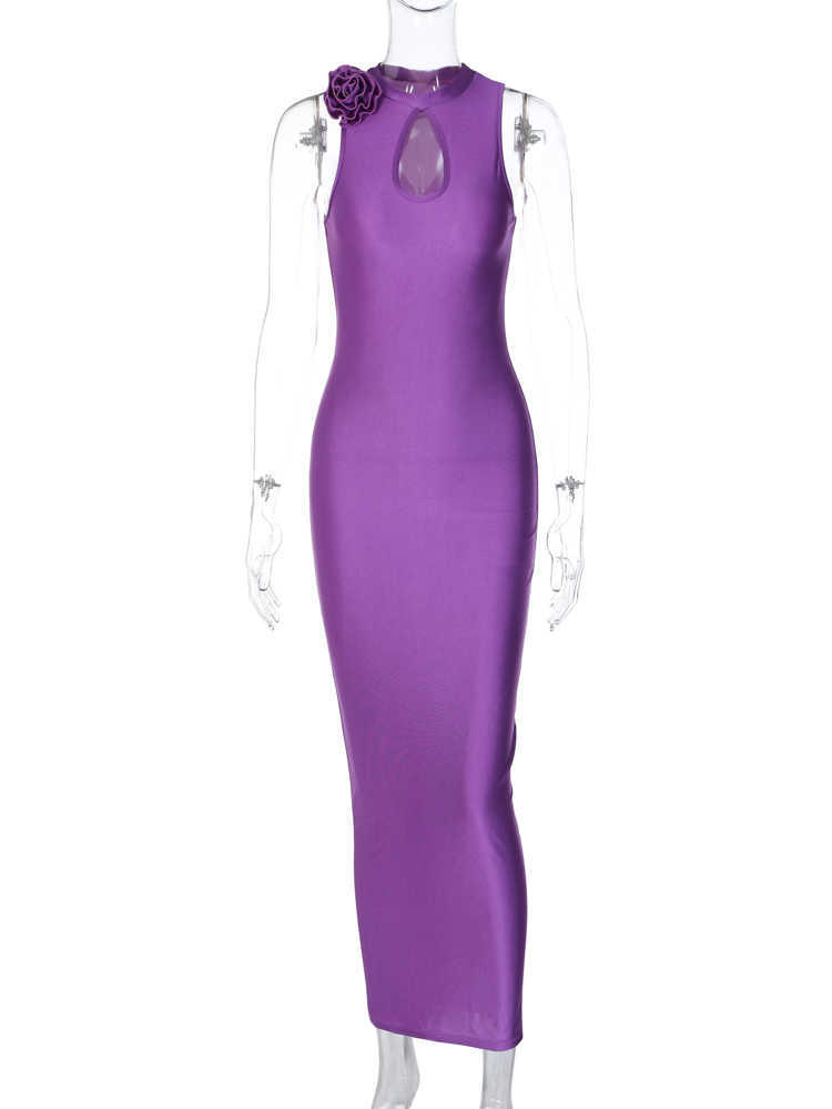 RUKAS Women Elegant Solid O Neck Removable Flower Hollow Out Sexy Slim Maxi Dress 2023 Summer Y2K Outfit Birthday Party Club