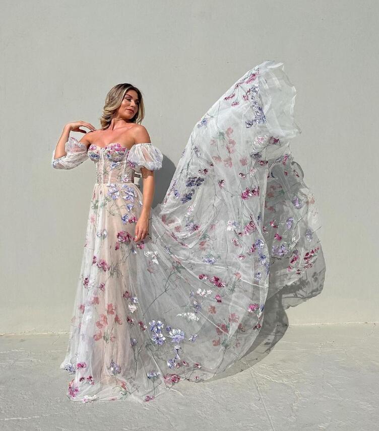 Country Boho Lace Wedding Dresses print Bride 2023 Open Back off shoulder boheamin Bridal Vestido De Novia Civil