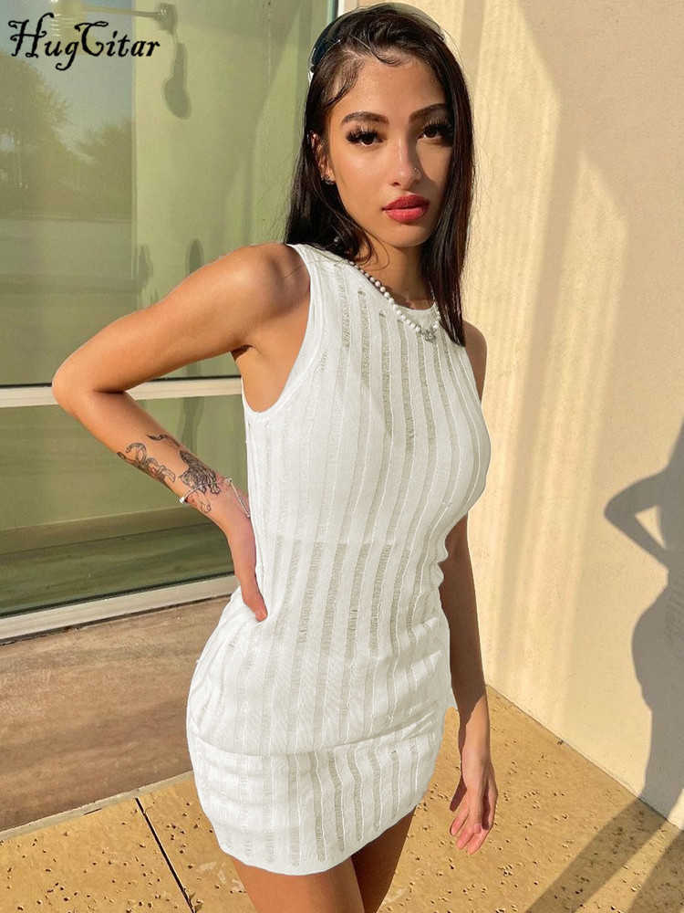 RUKAS Ribbed Solid Sleeveless See Through Sexy Bodycon Slim Mini Dress Summer Women Fashion Clothes Baach Festival Club