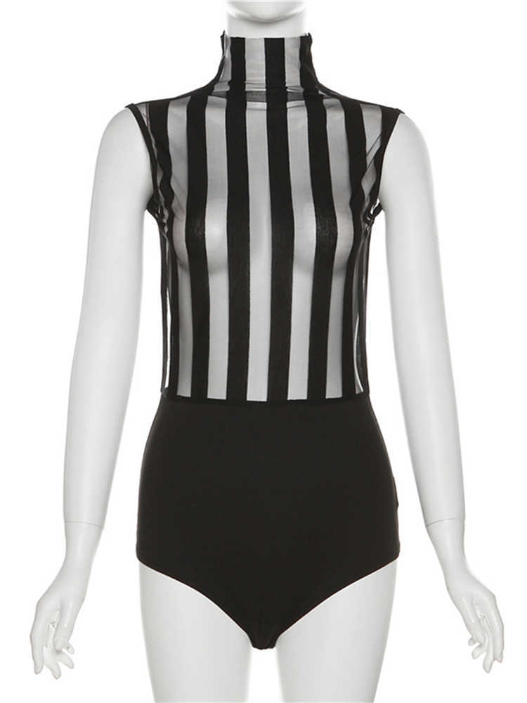 RUKAS Mesh Turtleneck Striped Patchwork Sexy Bodycon Skinny Bodysuit 2023 Summer Women Y2K Evening Party Club Casual Romper