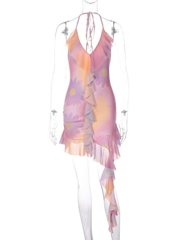 RUKAS Halter Tie Dye Flower Print Backless Ruffles Lace Up Sexy Slim Mini Dress Summer Women Elegant Beach Festival Outfit