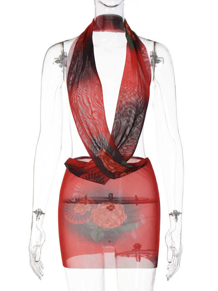 RUKAS Mesh Halter Backless Floral Print See Through Sexy Mini Dress 2023 Summer Women Fashion Y2K Evening Party Club Outfit