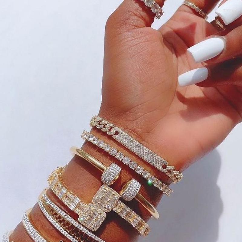 Bangle Full 5A Cubic Zirconia Paved Gold Silver Color T Shape Bracelet For Men Women Iced Out Hip Hop Punk Jewelry Drop Ship
