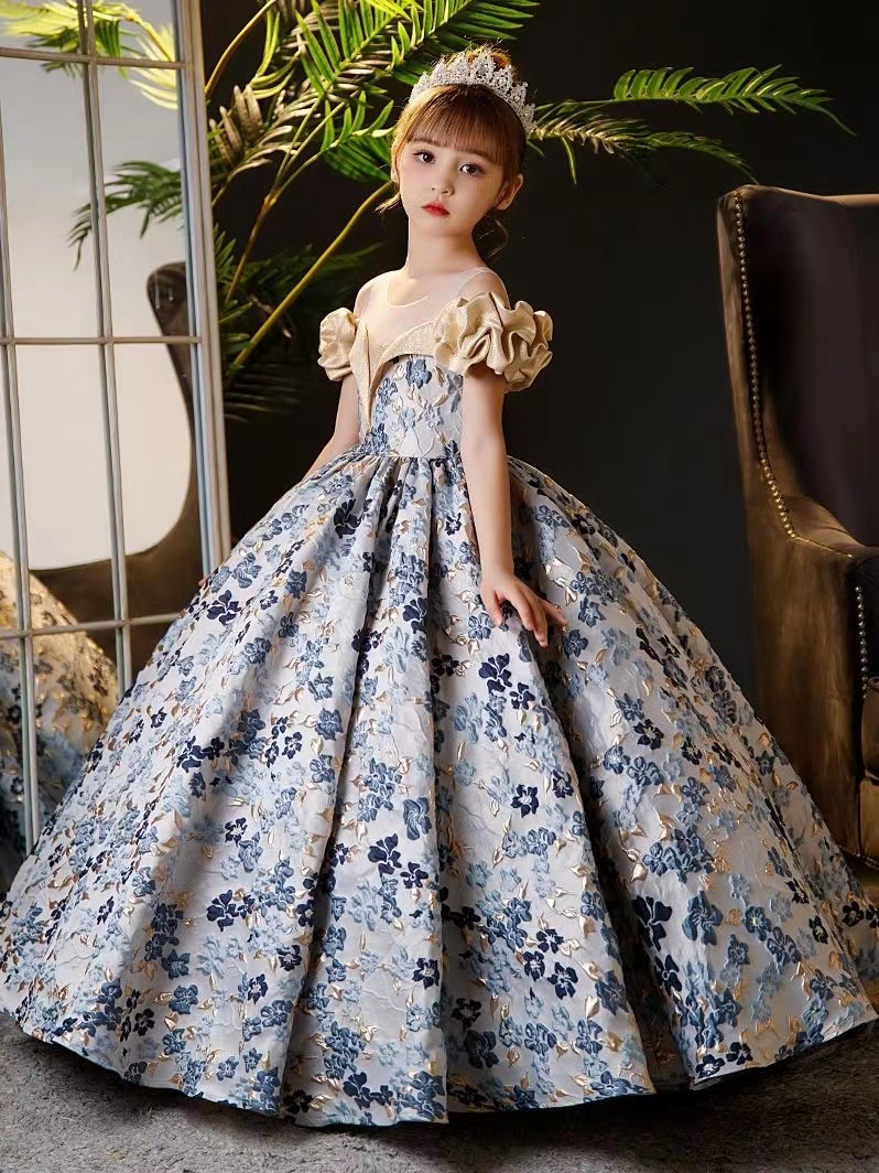 blue Lace Ivory Flower Girl Dresses Appliques Baby Girls Party Dress Cap Sleeves Puffy Princess Dress Bow Baby Toddler Girls Adorable Kids First Commu