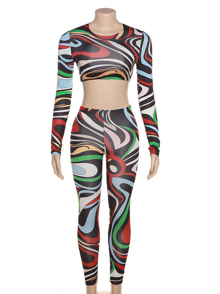 Colorful Print Long Sleeve Sexy Slim Crop T-Shirt Pants 2 Pcs Sets Summer Fashion Y2K Streetwear Club Biker Outfit