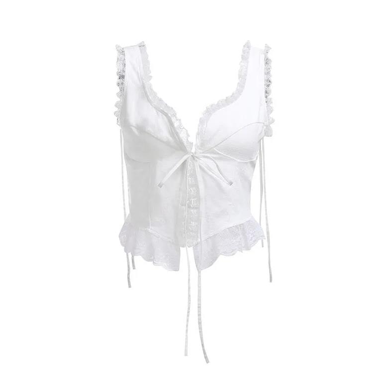 Women's Tanks Women Spaghetti Straps Camisoles Solid Color Lace Trim Tie-Up Front Sleeveless Sg Tank Tops Summer Vests Crop Streetwear
