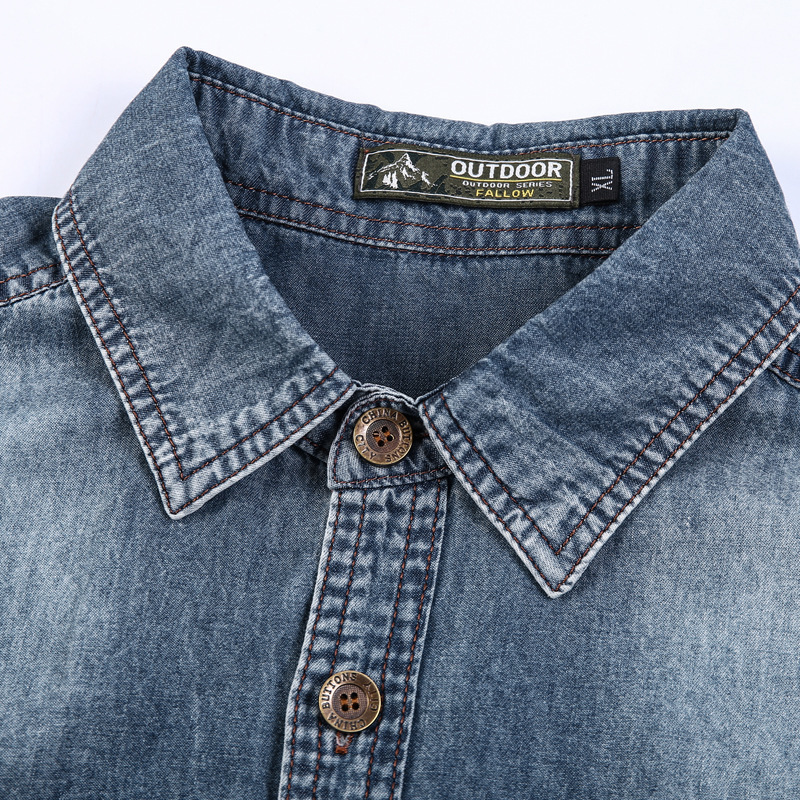 Men's Casual Shirts Men's Light Blue Denim Shirt Short Sleeve Thin Cotton Slim Stretch Denim Shirt Summer Quality Pocket Men's Shirt 23