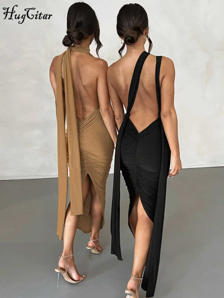 RUKAS V Neck Backless Adjustable Straps Solid Bandage Draped Slit Sexy Maxi Dress Summer Women Elegant Birthday Party Outfit