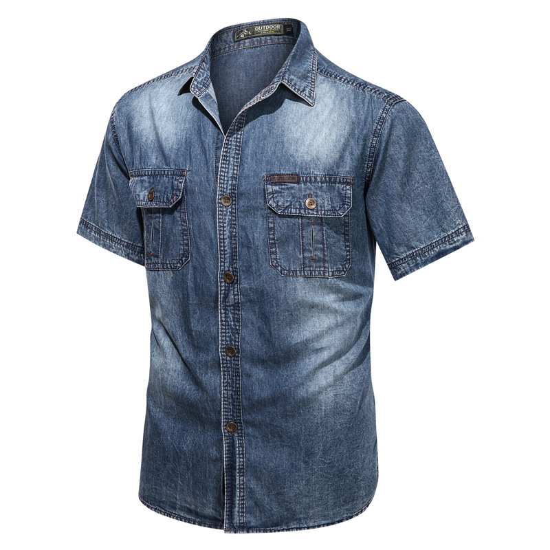 Men's Casual Shirts Men's Light Blue Denim Shirt Short Sleeve Thin Cotton Slim Stretch Denim Shirt Summer Quality Pocket Men's Shirt 23