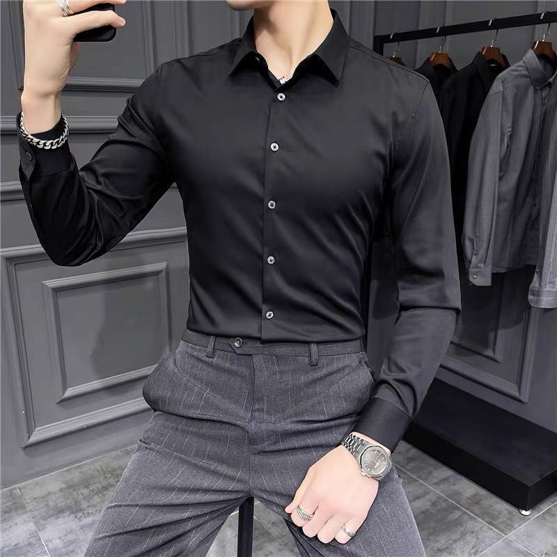 Men's Casual Shirts Spring Solid Color Long Sleeve Men's Shirt Korean Version Slim Fit Chic Fashion Blouses Polo Neck Male Clothes Business 