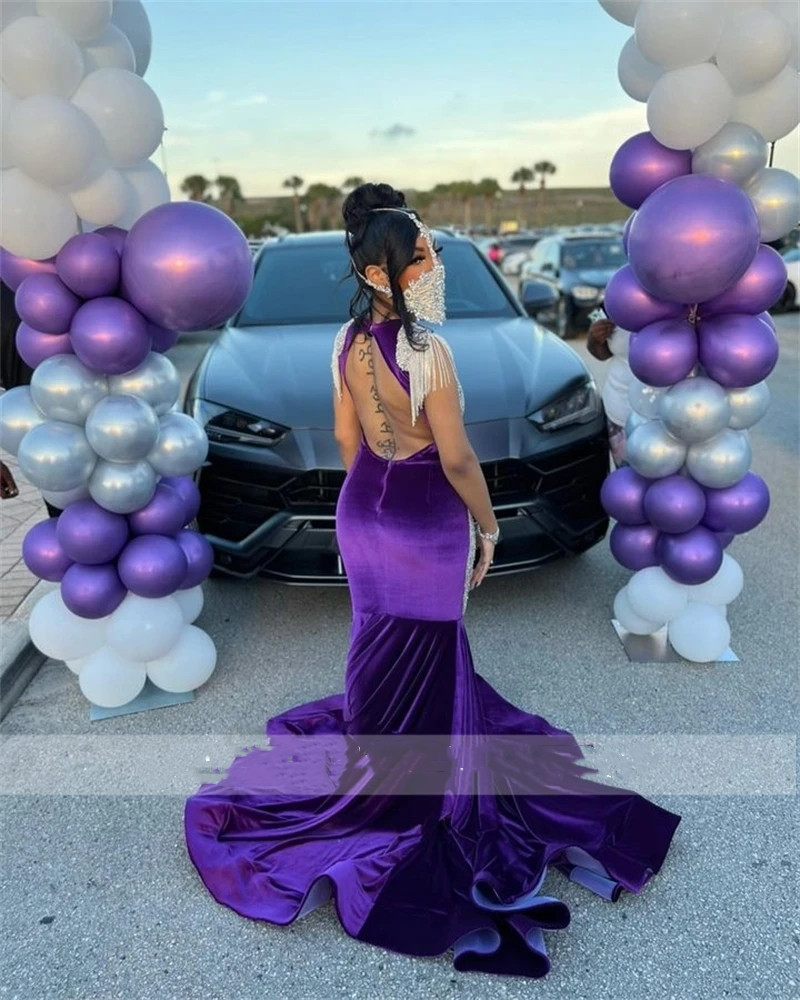 Sheer Purple Veet O Neck Long Prom For Black Girls Beaded Crystal Birthday Party Dresses Tassel Evening Gowns Robe De Bal
