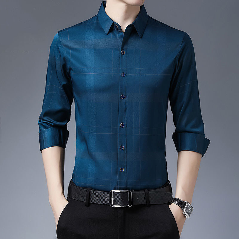 Men's Casual Shirts Fashion Men Plaid Smooth Shirt Spring Summer Long Sleeve Thin Korean Male Clothes Basic Streetwear Business Casual Loose Tops