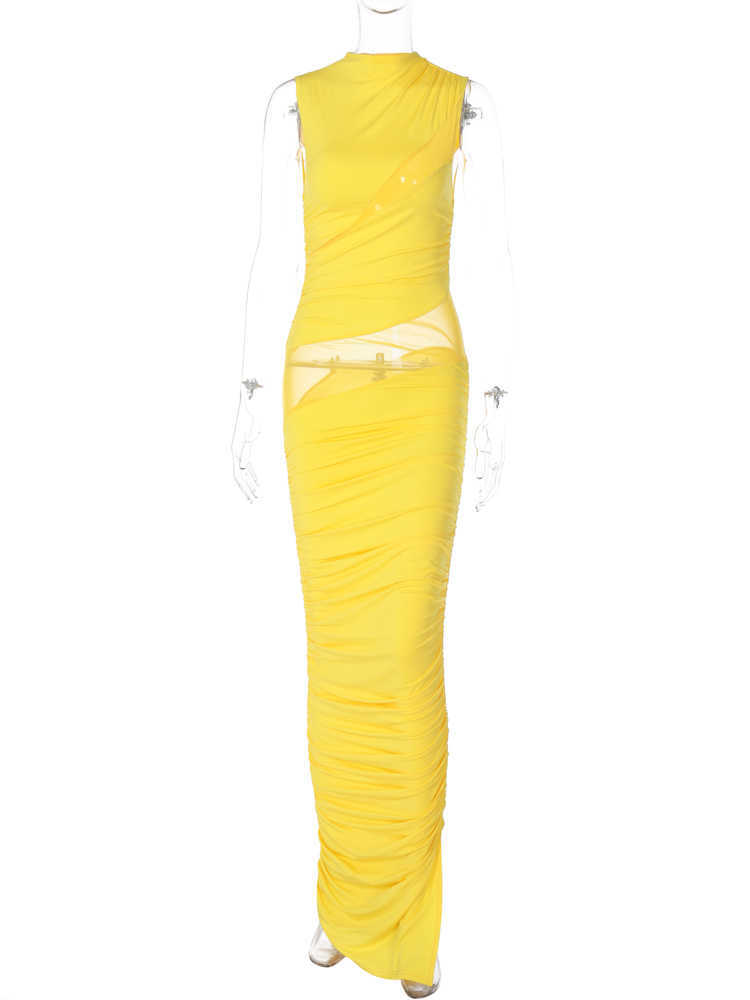 RUKAS Long Sleeves Solid Mesh Patchwork See Through Slit Sexy Bodycon Maxi Dress 2023 Summer Women Outfits Party Festival