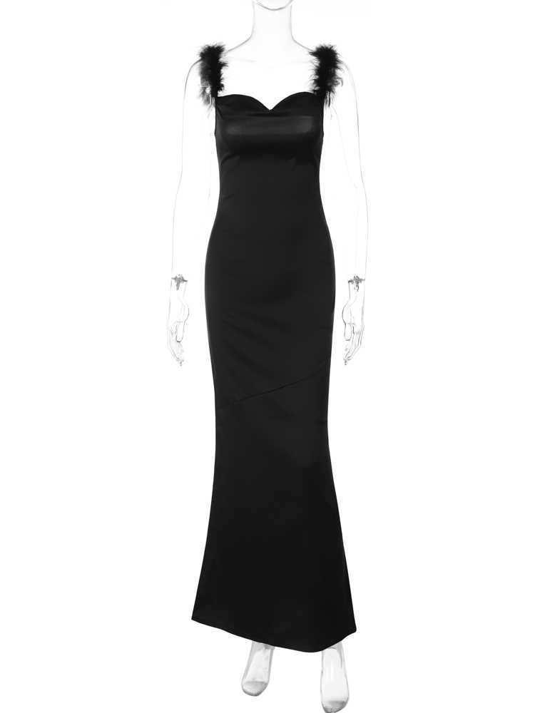 RUKAS Women Elegant Feather Straps Black Sexy Bodycon Maxi Prom Dress 2023 Summer Clothes Wedding Party Festival Wholesale