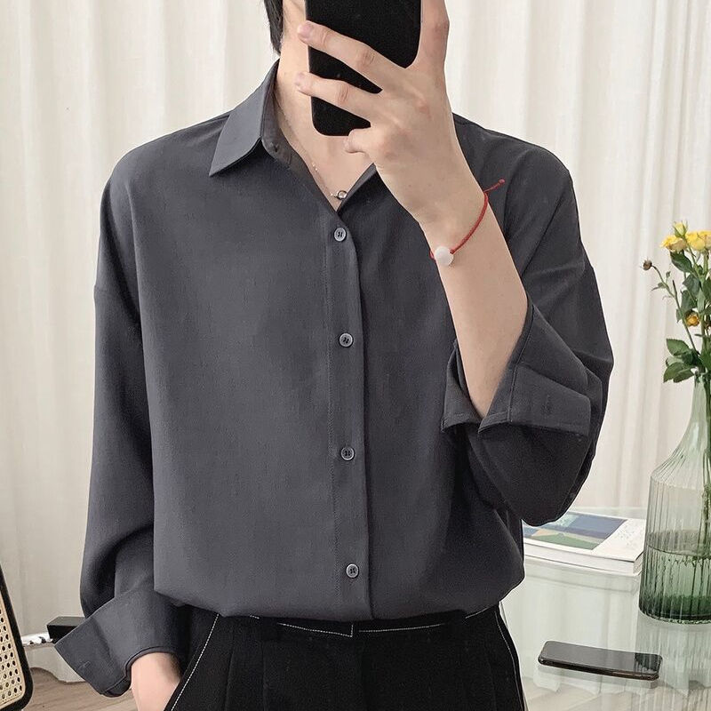 Men's Casual Shirts Korean Fashion Spring All-match Men Shirt Quality Chiffon Button Up Long Sleeve Casual Solid Color Loose Men Dress Shirt 2305