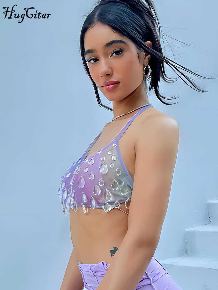 RUKAS Mesh Halter Backless Solid Crystal Lace Up Sexy See Through Crop Camis Women Summer Fashion Beach Vacation Y2K Outfit