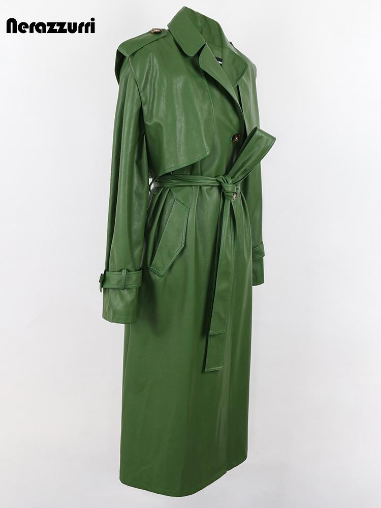 Fur Nerazzurri Autumn Long Cool Green Pu Leather Trench Coat for Women Sashes Single Breasted Stylish Luxury Designer Clothes 2022