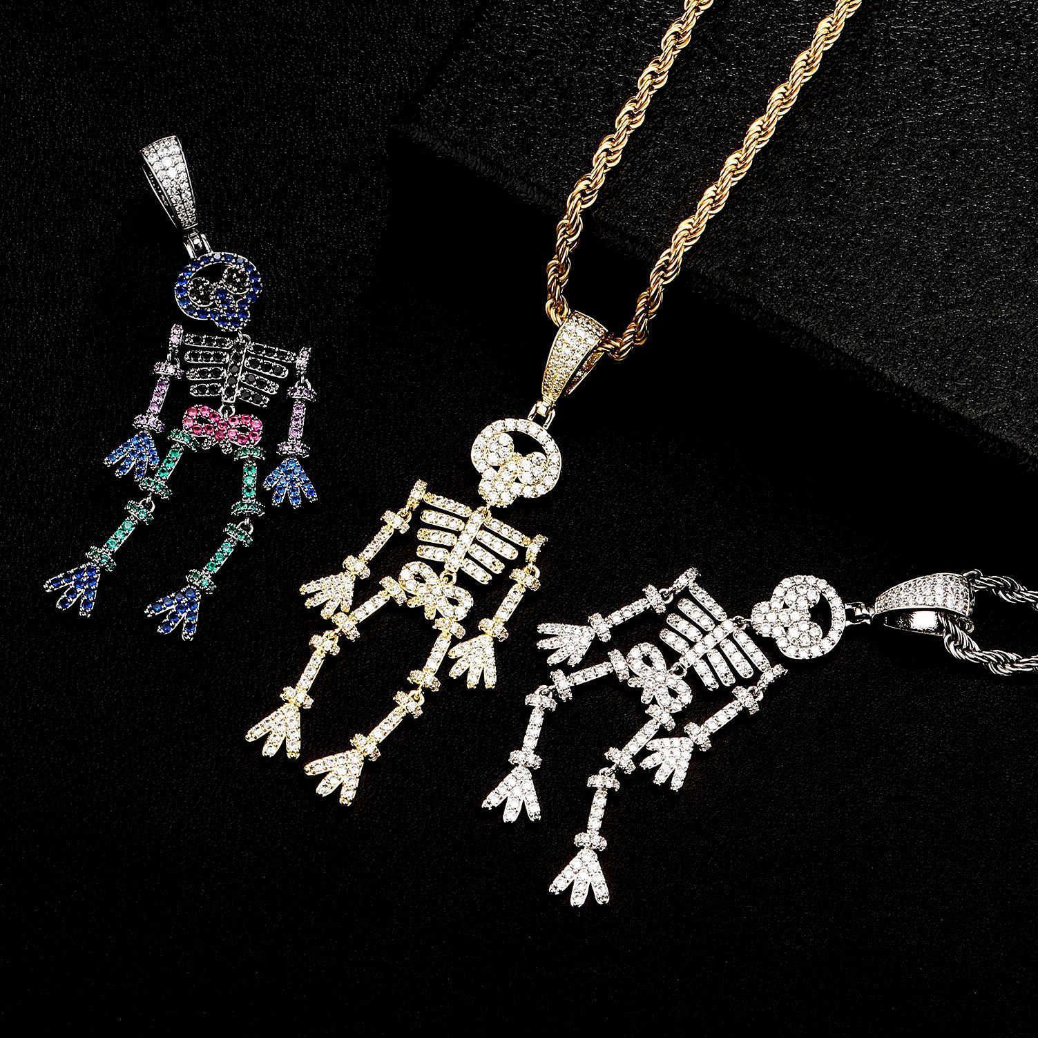 Creative Exaggerated Skeleton Pendant Necklace Colorful bling cubic zirconia Hip Hop Human skull Splicing Modeling Jewelry Rock Gemstone Collier Hallo